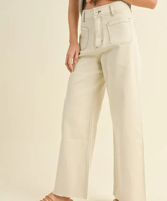 Straight Wide Leg Pants with Front Pockets - Washed Beige