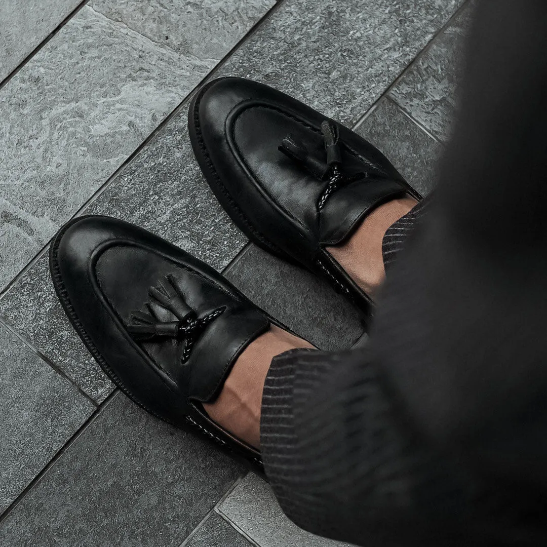 Tassel Loafer - Black Leather (Crepe Sole)