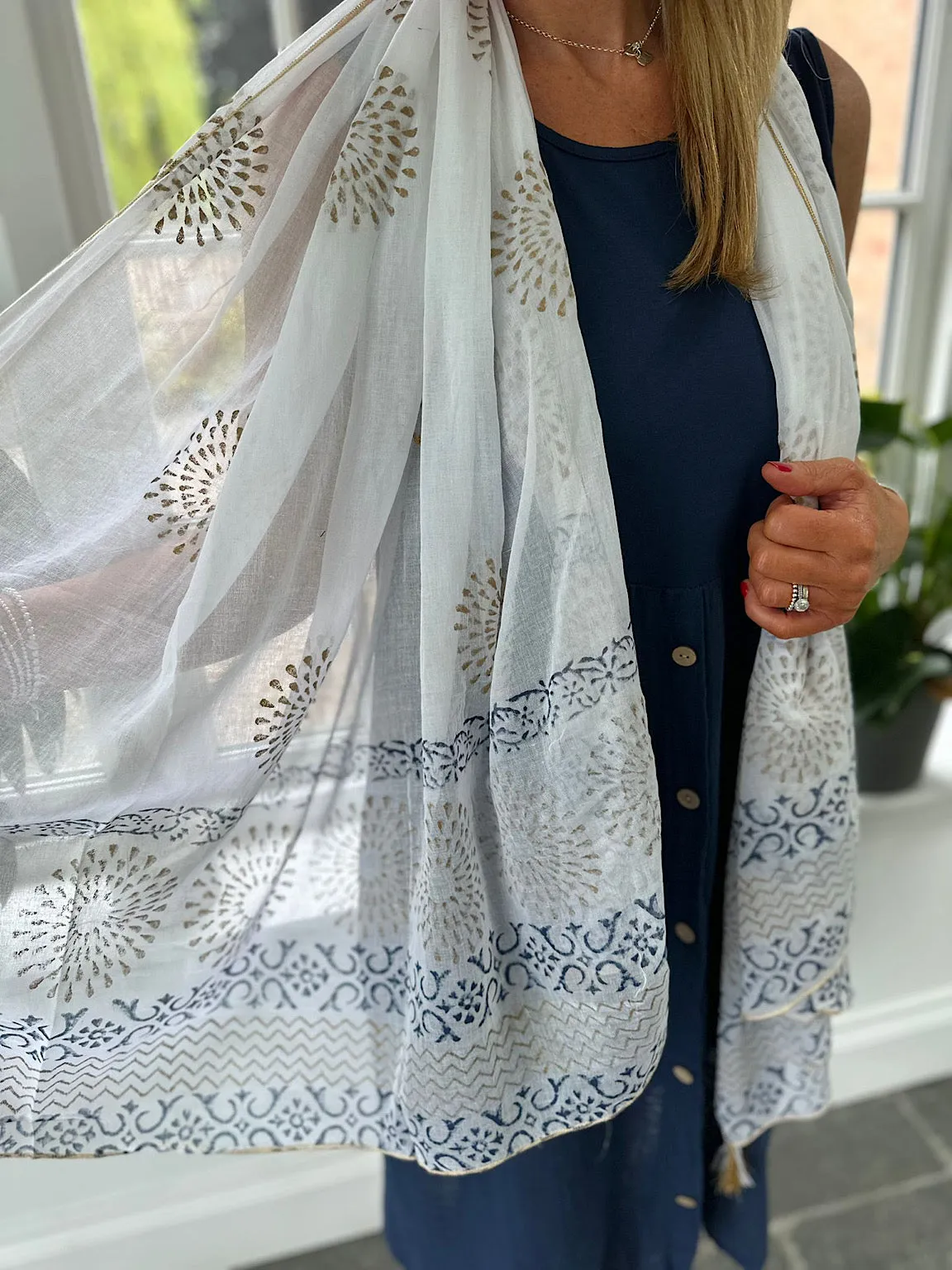 White Printed Metallic Trim Tassel Scarf