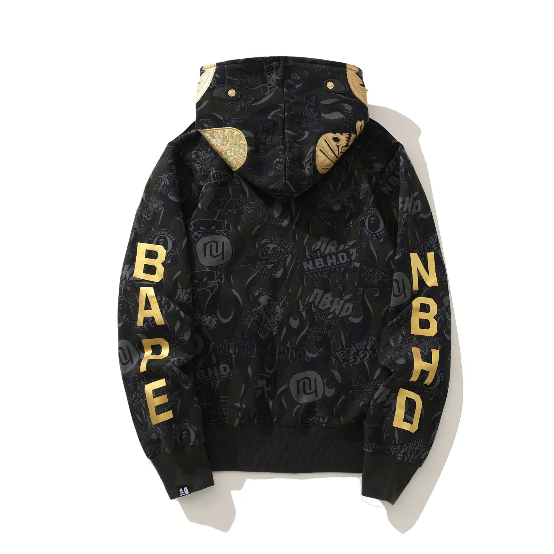 Wholesale High Quality Golden Letters Ape Shark Camo Hoodie Streetwear Hip Hop Hoodies Sweatshirt Full Zipper Unisex Jacket