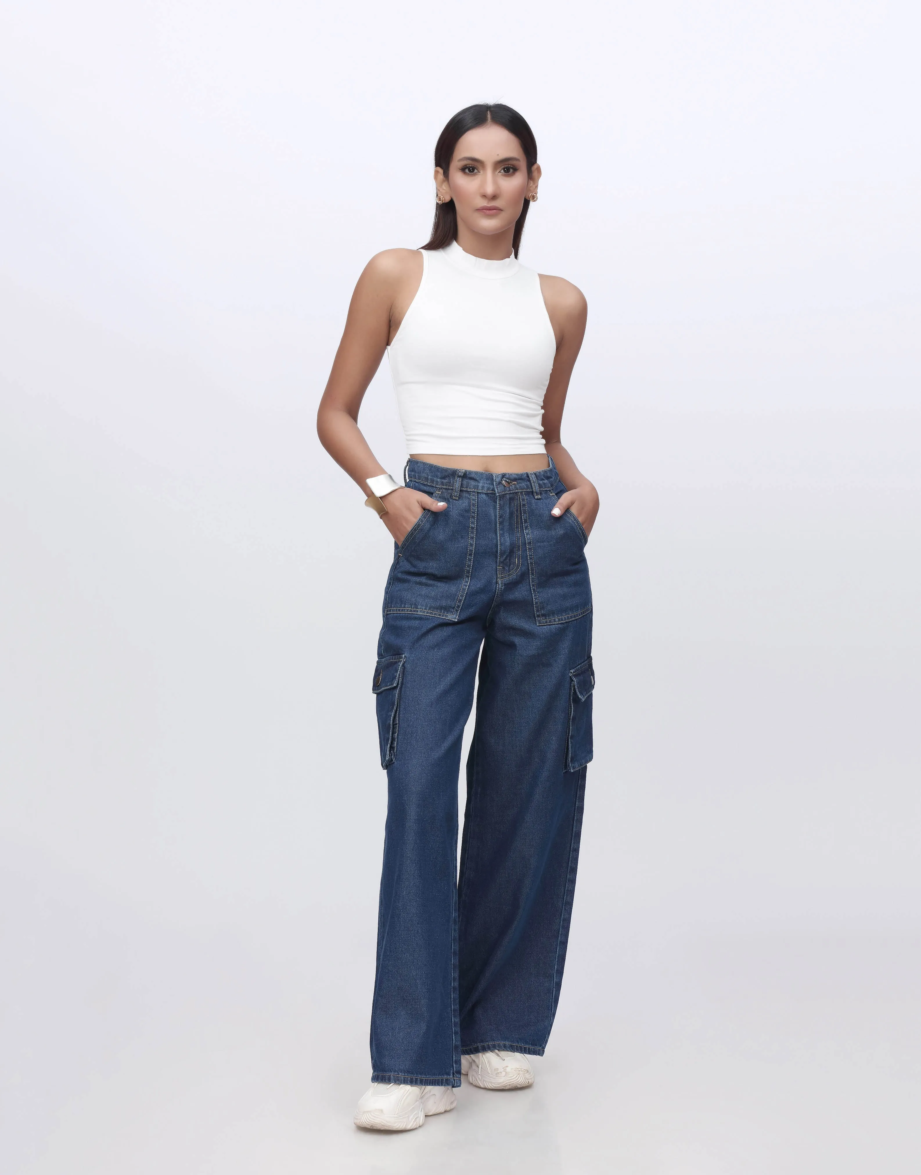 Wide Leg Flap Pocket Cargo Indigo