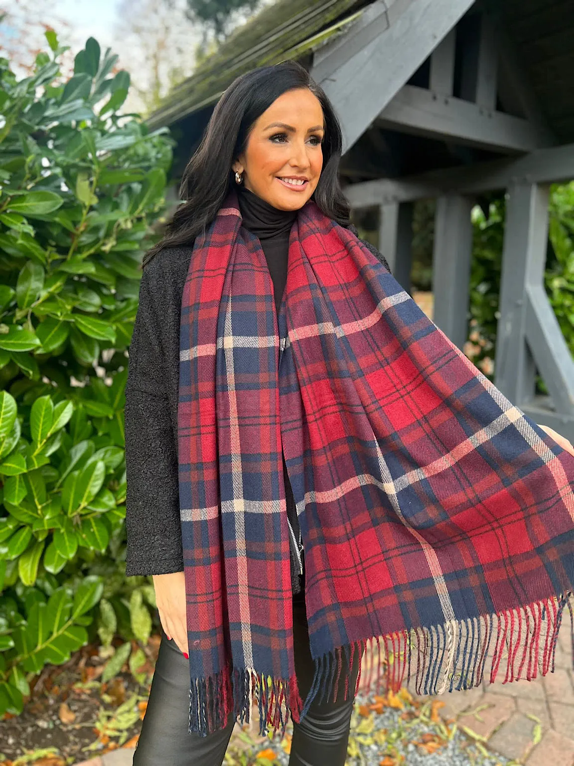 Wine Checked Tassel Scarf