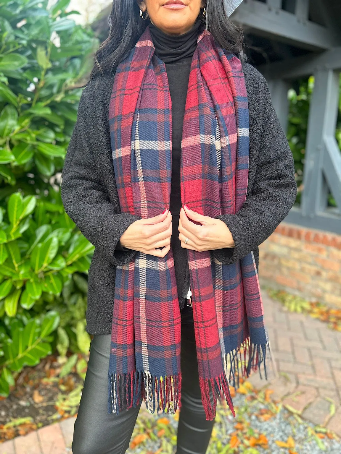 Wine Checked Tassel Scarf