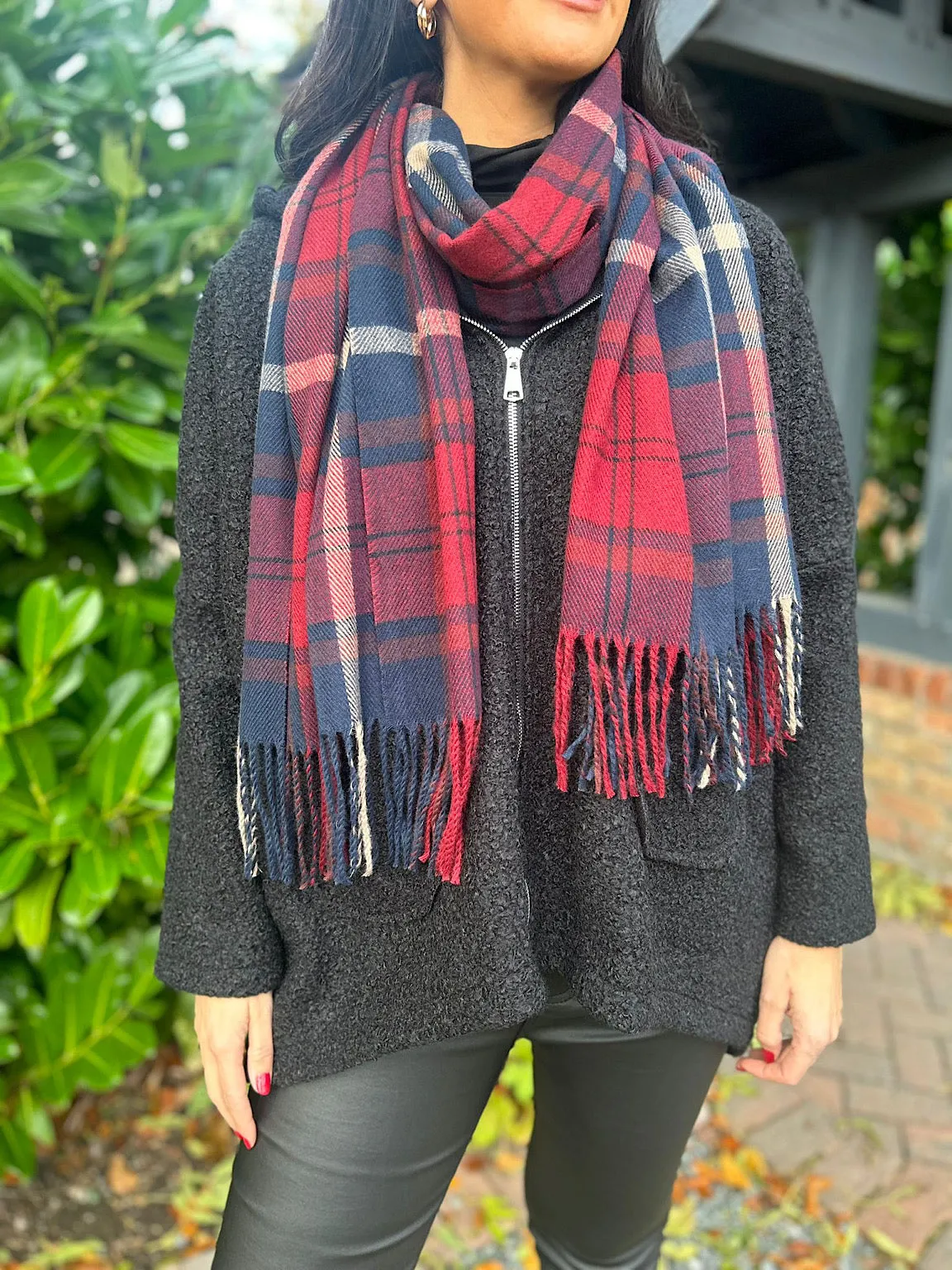 Wine Checked Tassel Scarf