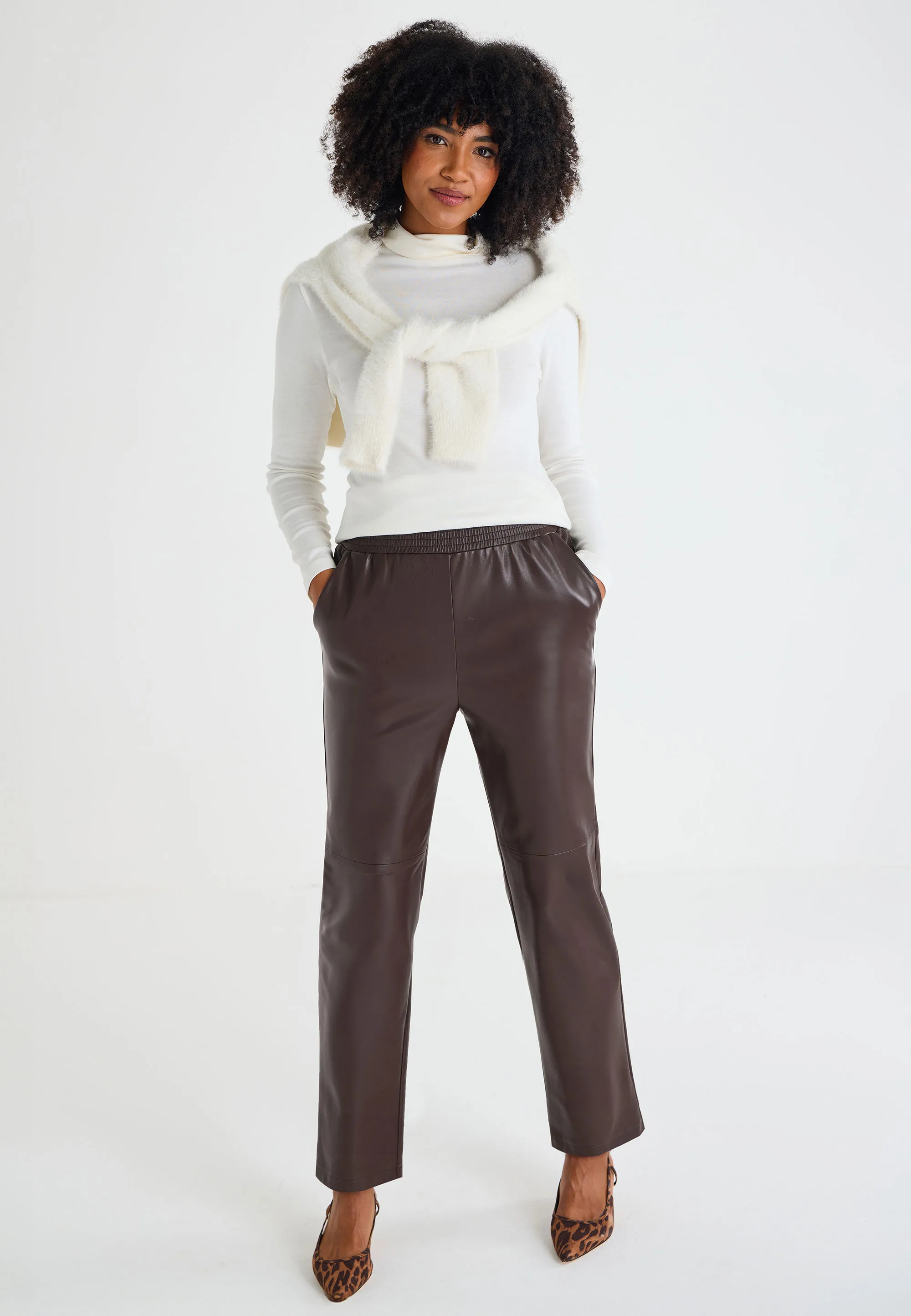 Womens Brown PU Jogger Trousers