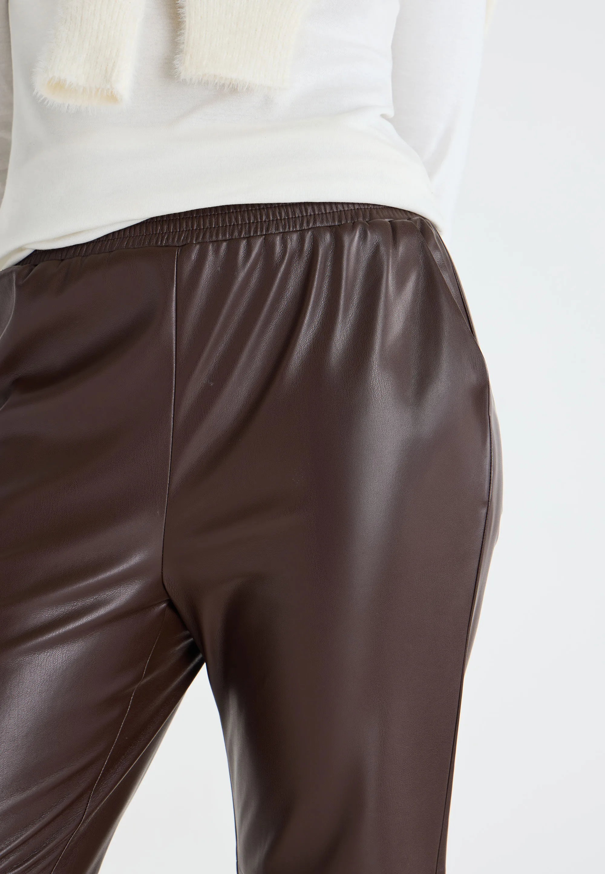 Womens Brown PU Jogger Trousers