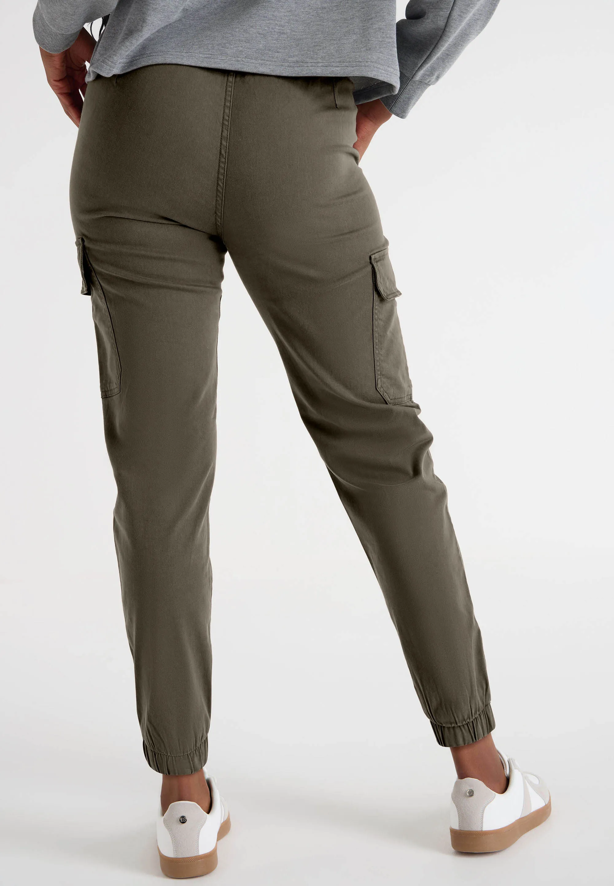 Womens Khaki Cuffed Cargo Trousers