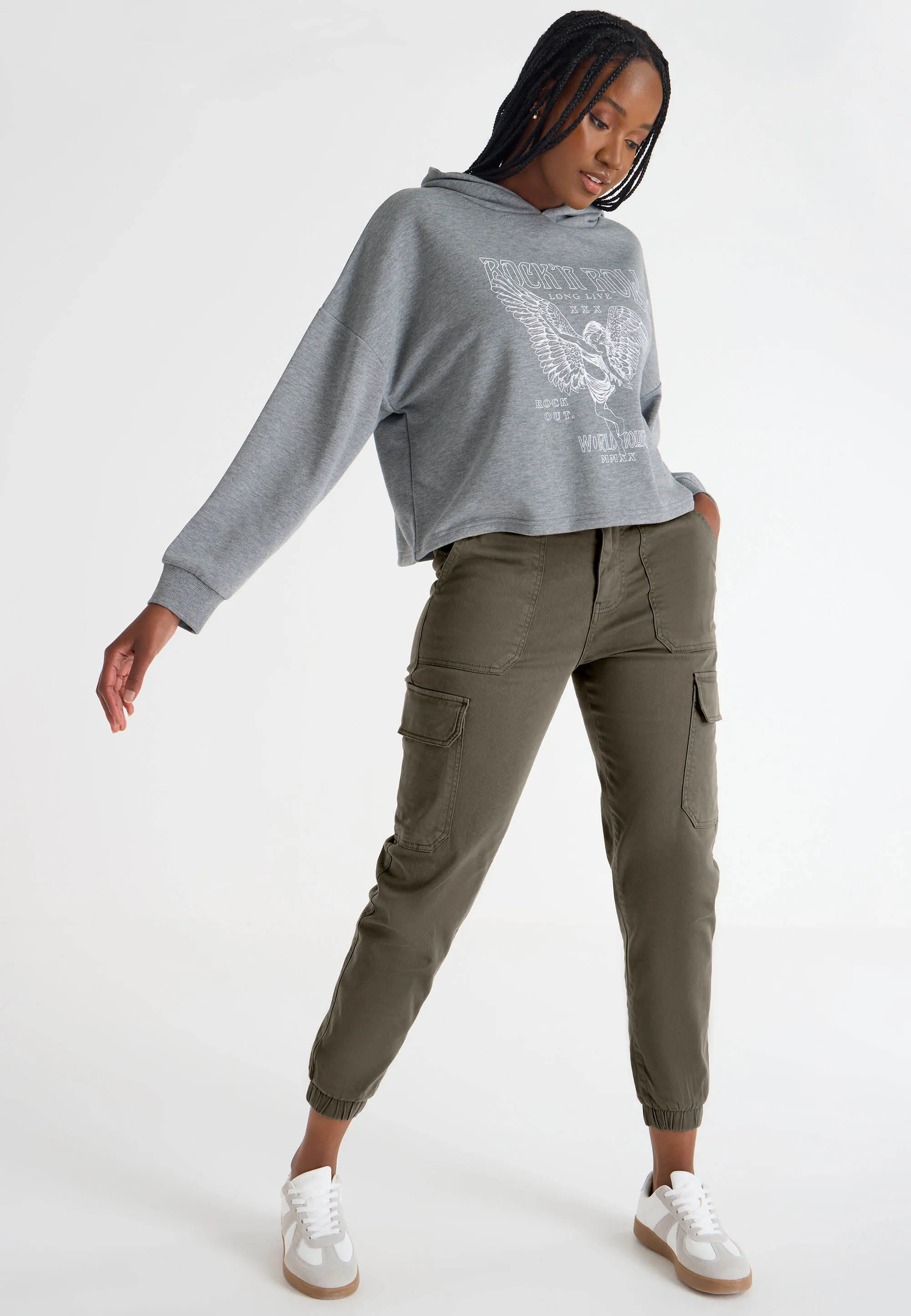 Womens Khaki Cuffed Cargo Trousers