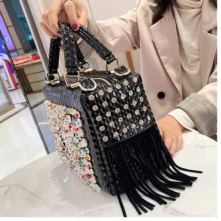 Women's Luxury Fashion Genuine Leather Tassel Rhinestone Large Handbag