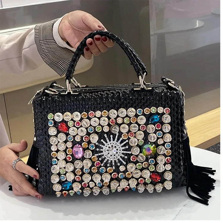 Women's Luxury Fashion Genuine Leather Tassel Rhinestone Large Handbag