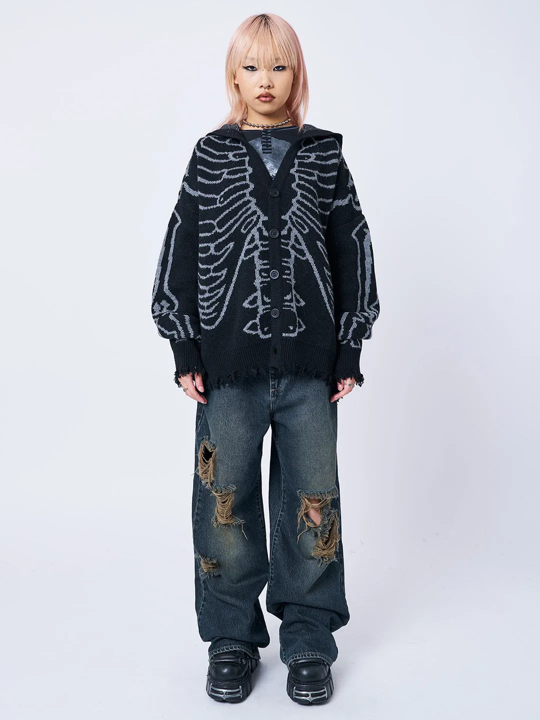 X-Ray Jacquard Black Hooded Knit Cardigan