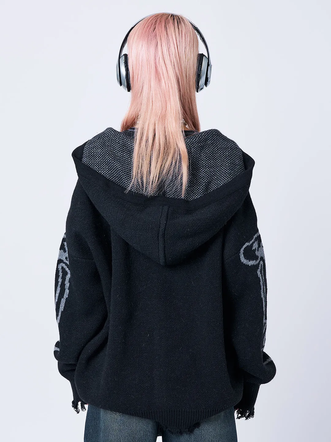 X-Ray Jacquard Black Hooded Knit Cardigan